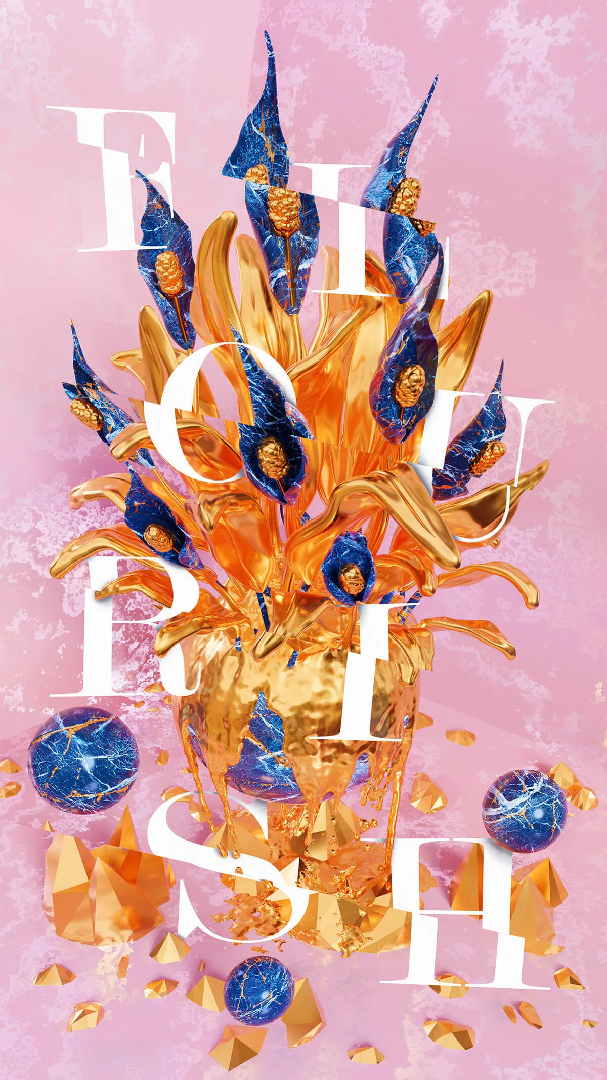 A tall pink marble ground carrying a floral arrangement rendered in 3D. Fourteen calla lilies with deep blue veined-marble petals and gold spadices rise out of a vase of molten gold, whose leaves and drips are the same liquid metal. Blue marble spheres and faceted gold nuggets are scattered at the base. The word FLOURISH is set behind it in large white serif capitals, most of them half hidden by the arrangement.
