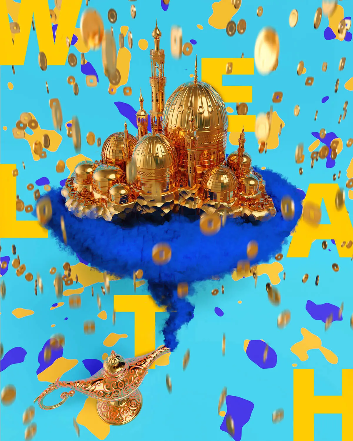 On a flat cyan ground, a city of gold domes and minarets sits on an island of deep blue smoke. The smoke narrows to a column and runs down into the spout of an ornate gold oil lamp at the foot of the image. Gold coins fall through the whole frame, and the word WEALTH is set in large yellow capitals behind everything, broken up by loose yellow and blue shapes.