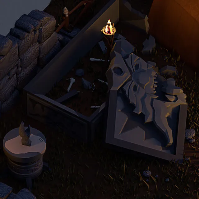 A close view of the open sarcophagus. Its carved lid, showing a horned skull in relief, lies propped at an angle beside the empty stone box, with bones and rubble scattered around it and a burning torch on a tripod behind.