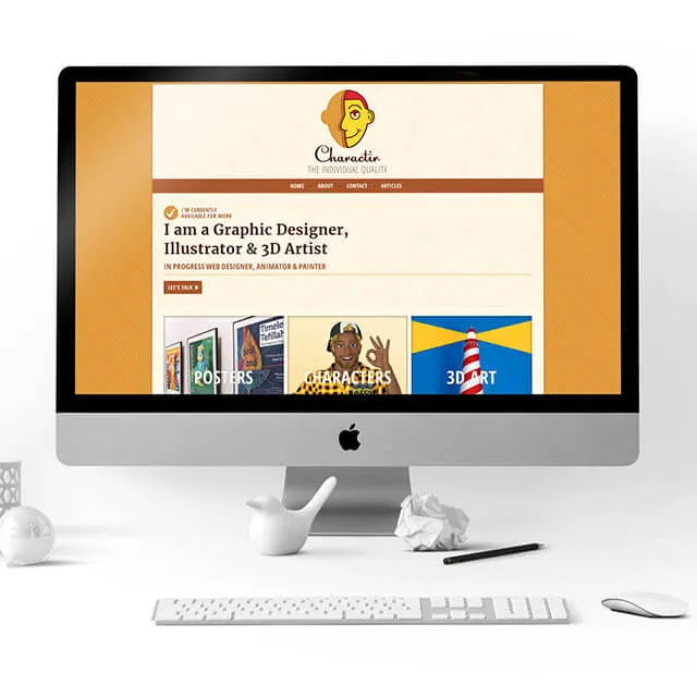 The Charactir home page on an iMac standing on a white desk beside a crumpled paper ball and a pencil. The page shows the face mark, the line "I am a Graphic Designer, Illustrator & 3D Artist", and three category tiles (Posters, Characters, 3D Art) on a mustard ground.