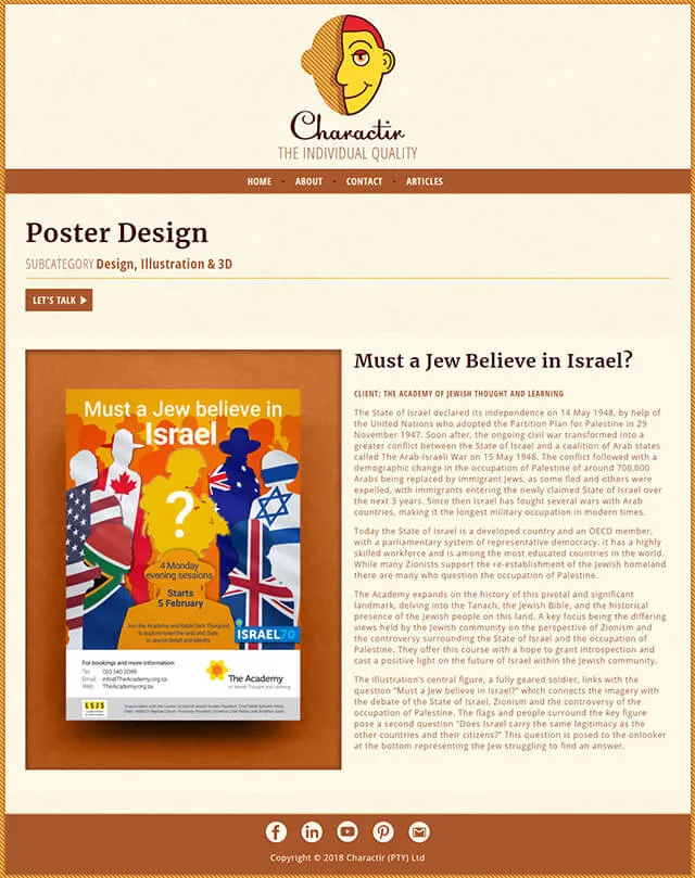 A single poster page. The "Must a Jew Believe in Israel?" poster sits in a brown frame on the left; on the right, a heading, a client line reading The Academy of Jewish Thought and Learning, and four paragraphs of essay copy.