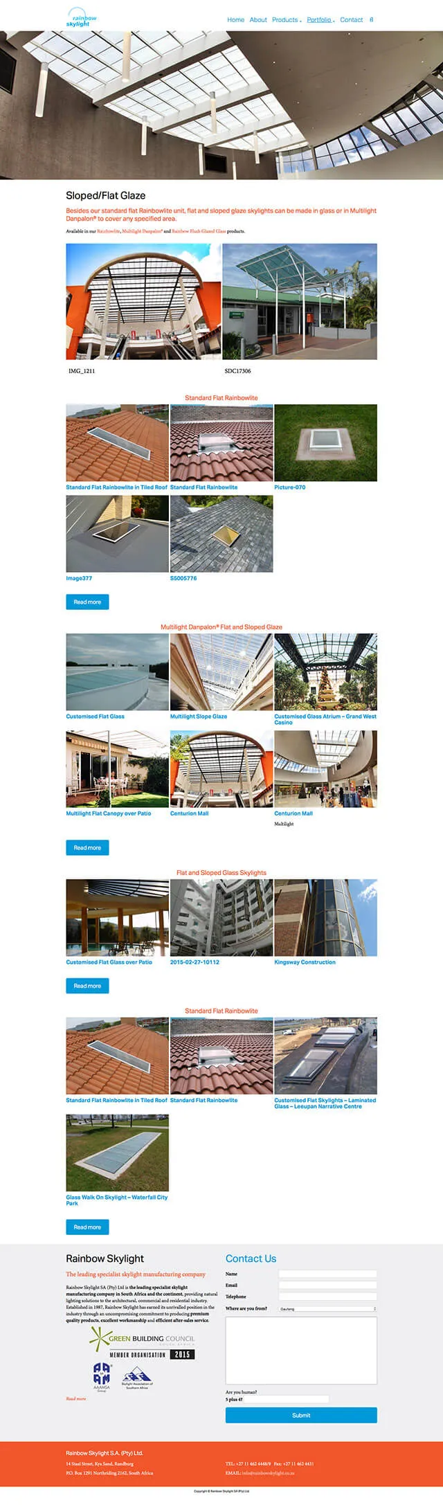The Sloped/Flat Glaze product page, full length. A photograph of a glazed atrium ceiling runs edge to edge at the top; below it, five labelled rows of installation photographs grouped by product, then a footer with an about panel and a contact form.